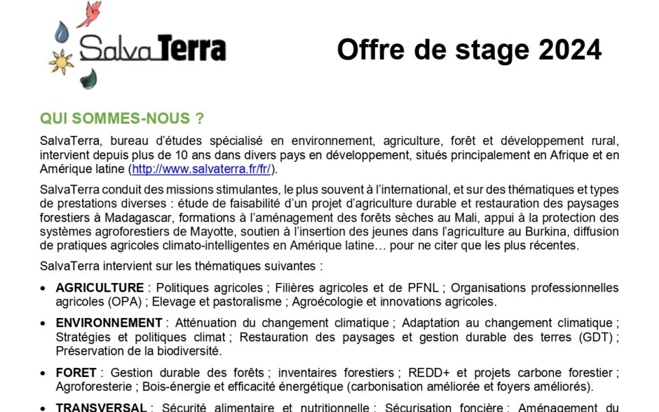 OFFRE de STAGE chez SalvaTerra ! Candidature avant le 22 mars 2024.